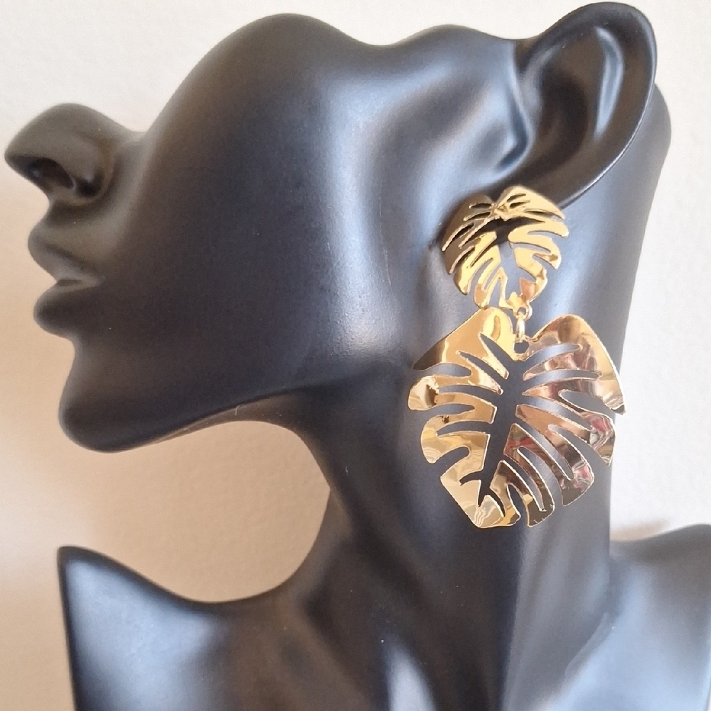 Tropical Monstera Leaf Earrings Solid Gold Brass Botanical Jewelry - Picture 2 of 6